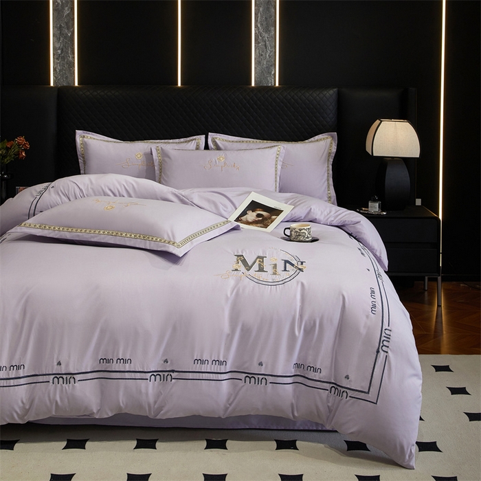 91家纺网 家纺一手货源 找家纺 佳宇轩 2025爆款水洗棉五彩刺绣四件套简约轻奢织带绣花床单床笠被罩4件套-简约时代 简约时代紫