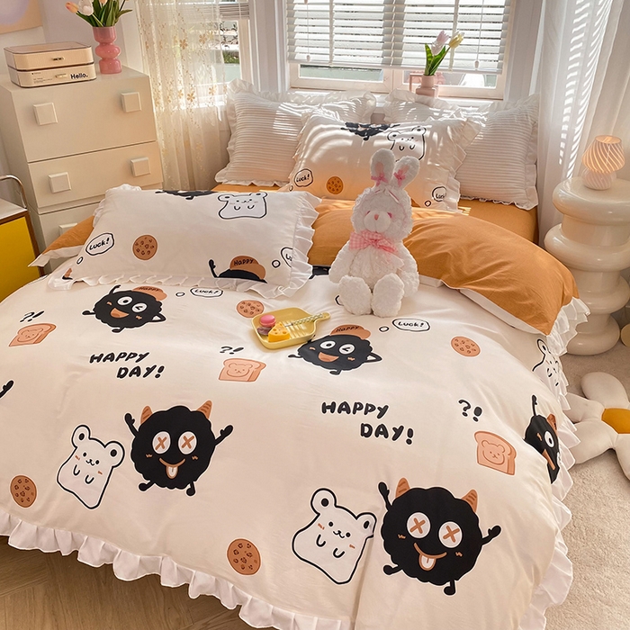 91家纺网 家纺一手货源 找家纺 2025新款公主风四件套全棉纯棉白花边被套床单款式三件套 煤球