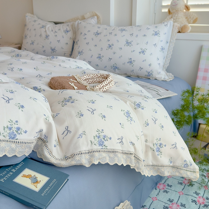 91家纺网 家纺一手货源 找家纺 竹合家纺 2025新款春日碎花法式镂空花边款式提花皱皱四件套 法式-晨曦