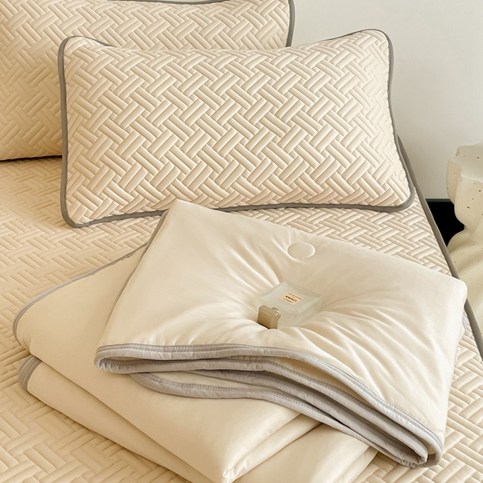 91家纺网 家纺一手货源 找家纺 欧邦2025新款纯色加厚乳胶床笠三件套 饼干花-米杏