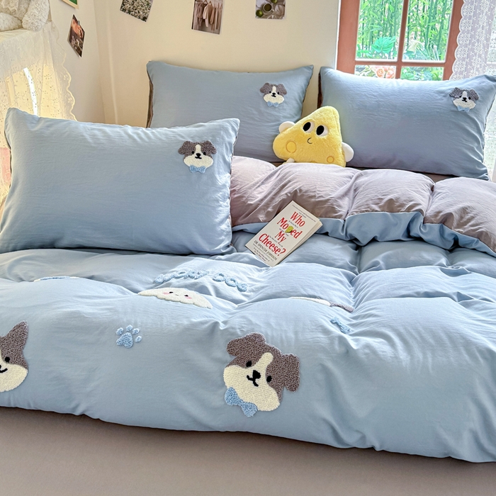 91家纺网 家纺一手货源 找家纺 优卡迪家纺馆 2025新款水洗棉毛巾绣四件套（下载文件夹包含买家秀） 萌萌狗-月光蓝