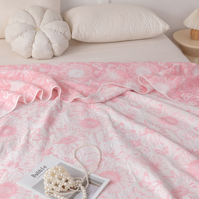 91家纺网 家纺一手货源 找家纺 乐家毛巾被（工厂自产自销） 2025春夏新款亲肤舒适六层纱布被 粉色向日葵