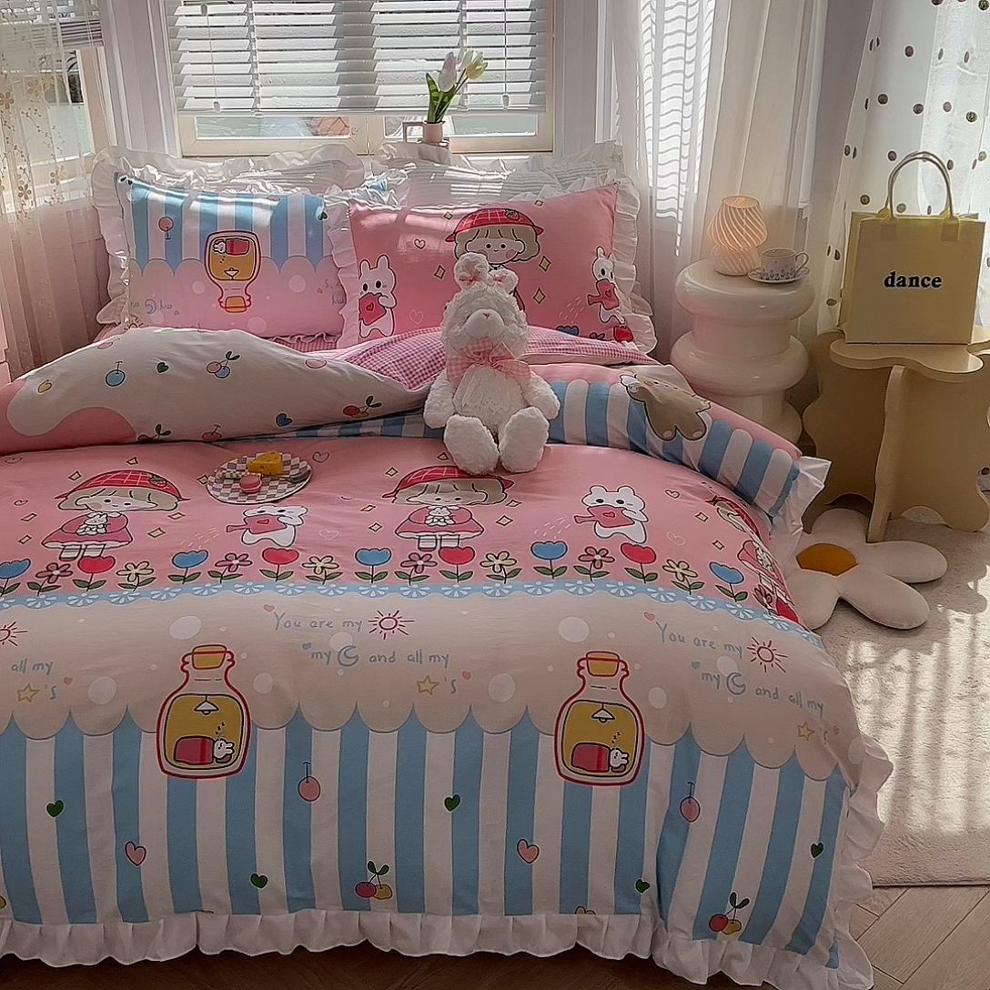 91家纺网 家纺一手货源 找家纺 2025新款公主风四件套全棉纯棉白花边被套床单款式三件套 漂流瓶