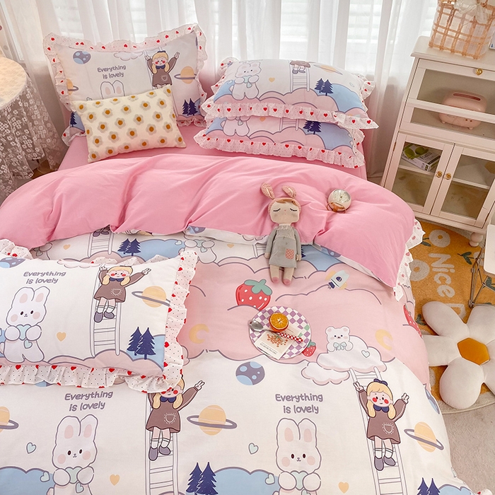 91家纺网 家纺一手货源 找家纺 2025新款公主风四件套全棉纯棉白花边被套床单款式三件套 喜事兔