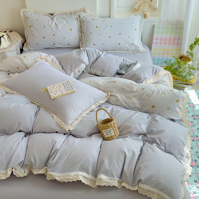 91家纺网 家纺一手货源 找家纺 竹合家纺 2025新款春日碎花法式镂空花边款式提花皱皱四件套 法式-小南瓜灰