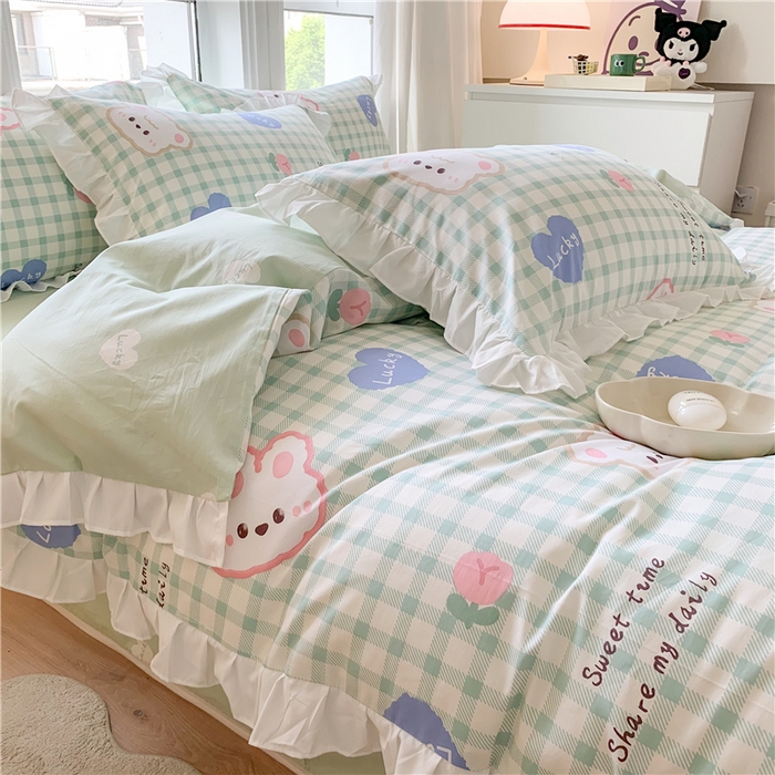 91家纺网 家纺一手货源 找家纺 2025新款公主风四件套全棉纯棉白花边被套床单款式三件套 兔兔高