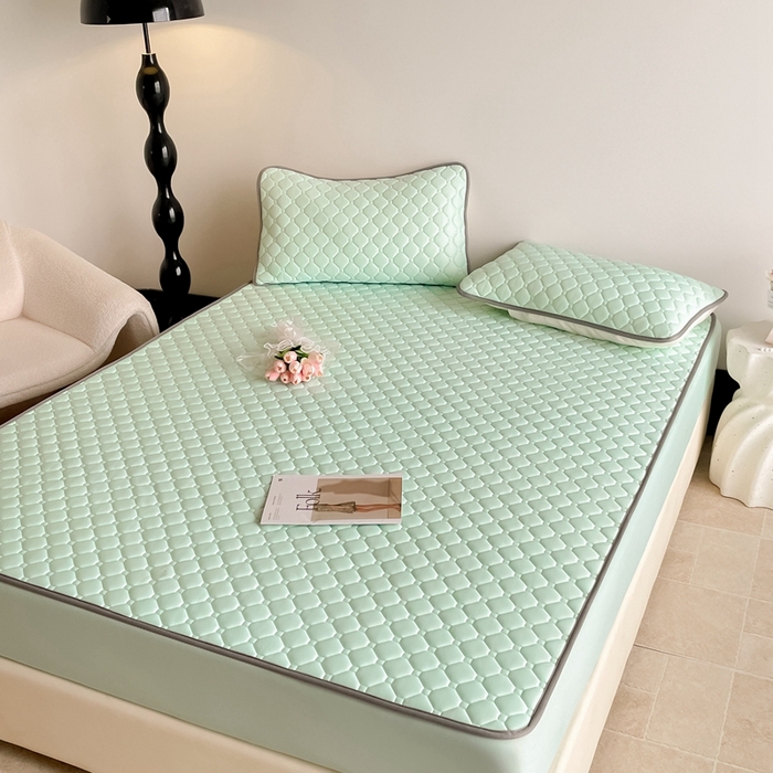 91家纺网 家纺一手货源 找家纺 欧邦2025新款纯色加厚乳胶床笠三件套 方格-水绿