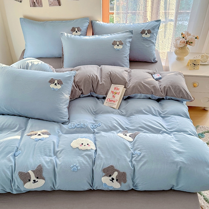 91家纺网 家纺一手货源 找家纺 优卡迪家纺馆 2025新款水洗棉毛巾绣四件套（下载文件夹包含买家秀） 萌萌狗-月光蓝