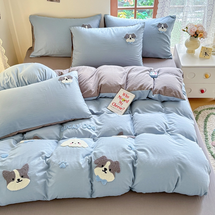 91家纺网 家纺一手货源 找家纺 优卡迪家纺馆 2025新款水洗棉毛巾绣四件套（下载文件夹包含买家秀） 萌萌狗-月光蓝