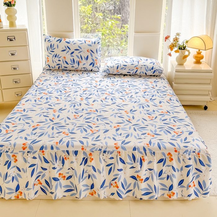 91家纺网 家纺一手货源 找家纺 莎臣豹 2025新款植物羊绒单品单件单床裙可配床裙三件套 蓝橙叶语