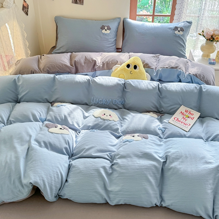 91家纺网 家纺一手货源 找家纺 优卡迪家纺馆 2025新款水洗棉毛巾绣四件套（下载文件夹包含买家秀） 萌萌狗-月光蓝