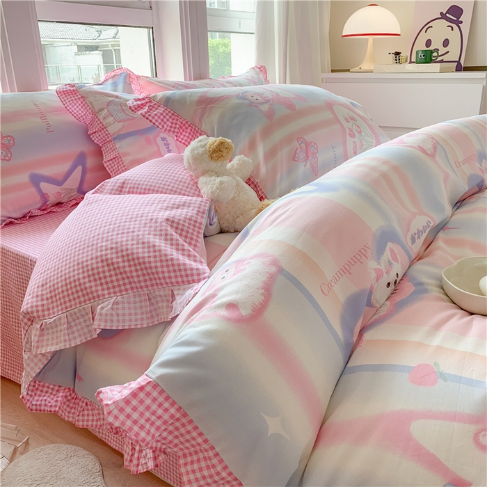 91家纺网 家纺一手货源 找家纺 2025新款公主风四件套全棉纯棉白花边被套床单款式三件套 奶油小狗