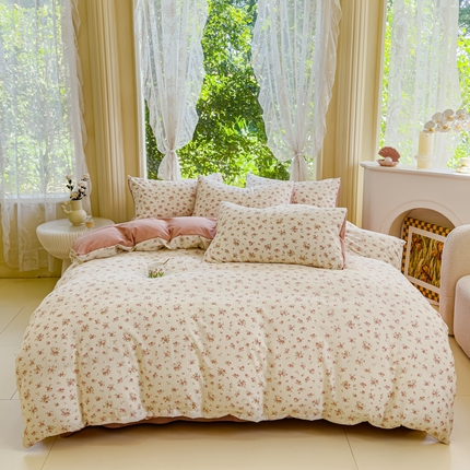 仟网汇 2025新款亲肤舒适提花小竺棉彩竹棉彩竺棉系列四件套 彩竺棉-清雅-粉