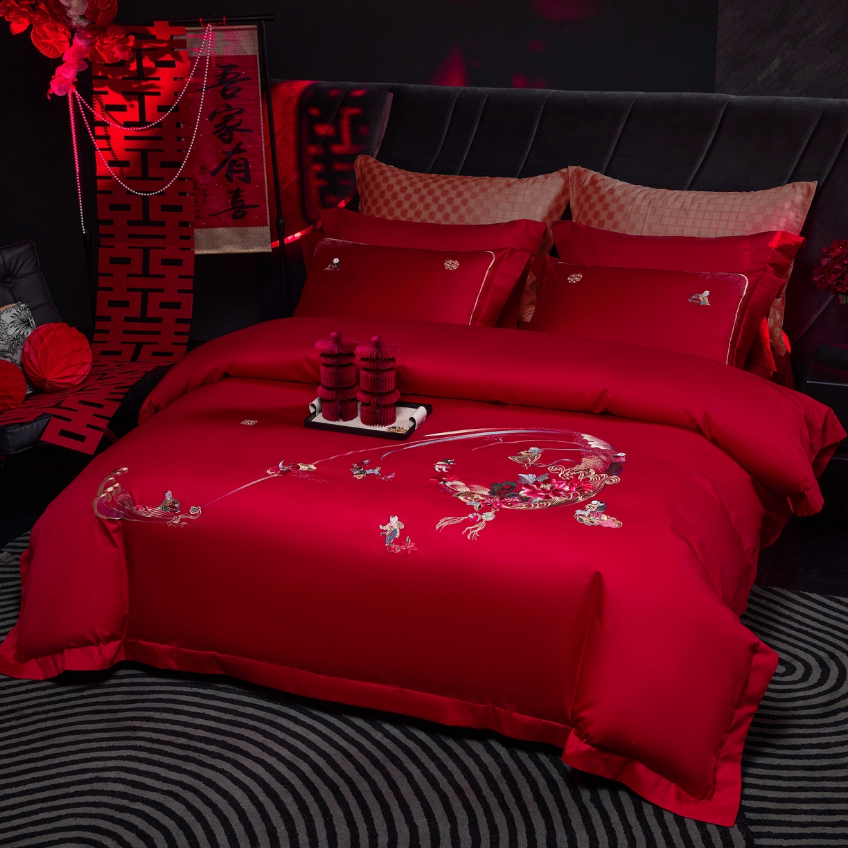 91家纺网 家纺一手货源 找家纺 2025新款纯棉贡缎刺绣婚庆系列四件套 婚庆-百子图
