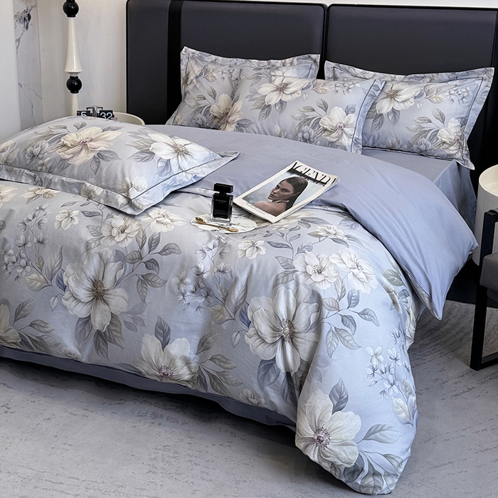 91家纺网 家纺一手货源 找家纺 乐蔻家纺 2025新款全棉13376数码印花四件套 初雪（兰）