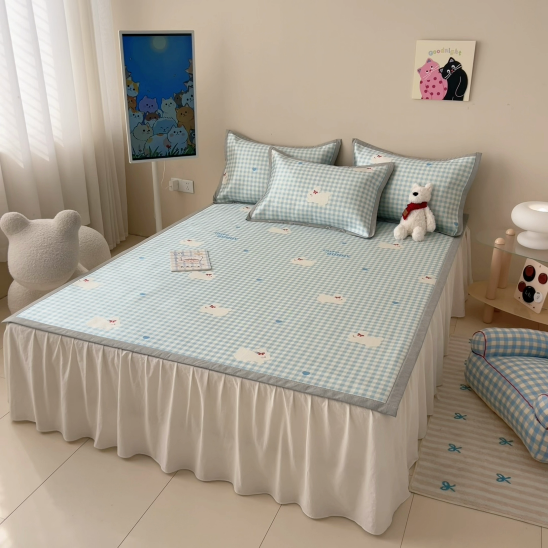 91家纺网 家纺一手货源 找家纺 懒猫家纺 2025春夏新款250D数码印花冰丝席凉席席子 心心小兔