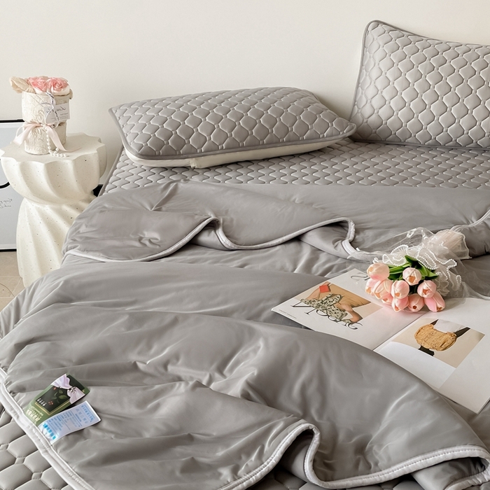 91家纺网 家纺一手货源 找家纺 欧邦2025新款纯色加厚乳胶床笠三件套 方格-深灰