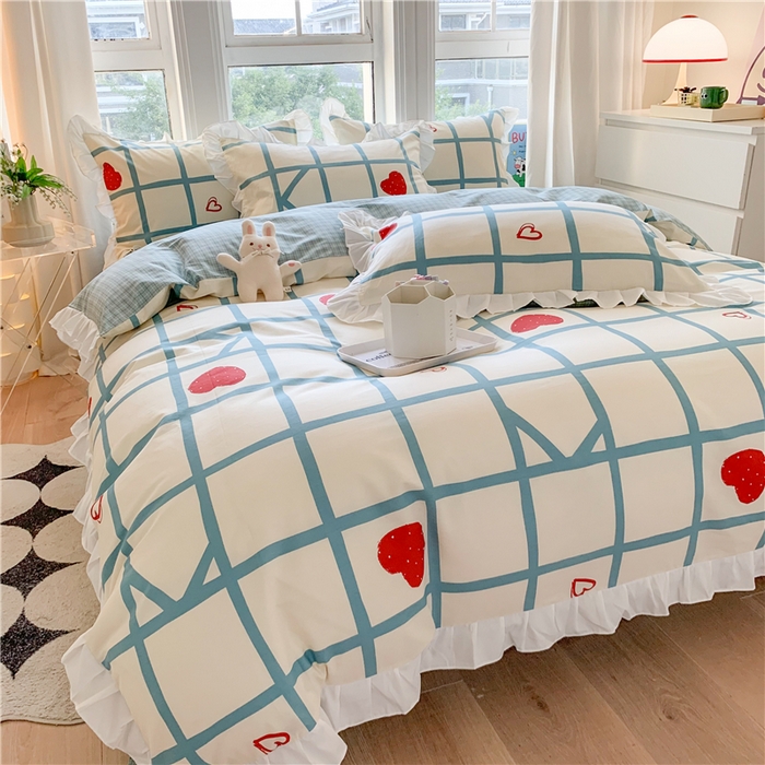 91家纺网 家纺一手货源 找家纺 2025新款公主风四件套全棉纯棉白花边被套床单款式三件套 心心格