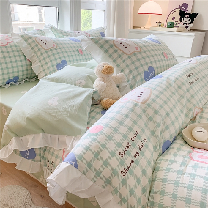 91家纺网 家纺一手货源 找家纺 2025新款公主风四件套全棉纯棉白花边被套床单款式三件套 兔兔高