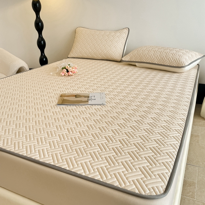 91家纺网 家纺一手货源 找家纺 欧邦2025新款纯色加厚乳胶床笠三件套 饼干花-米杏