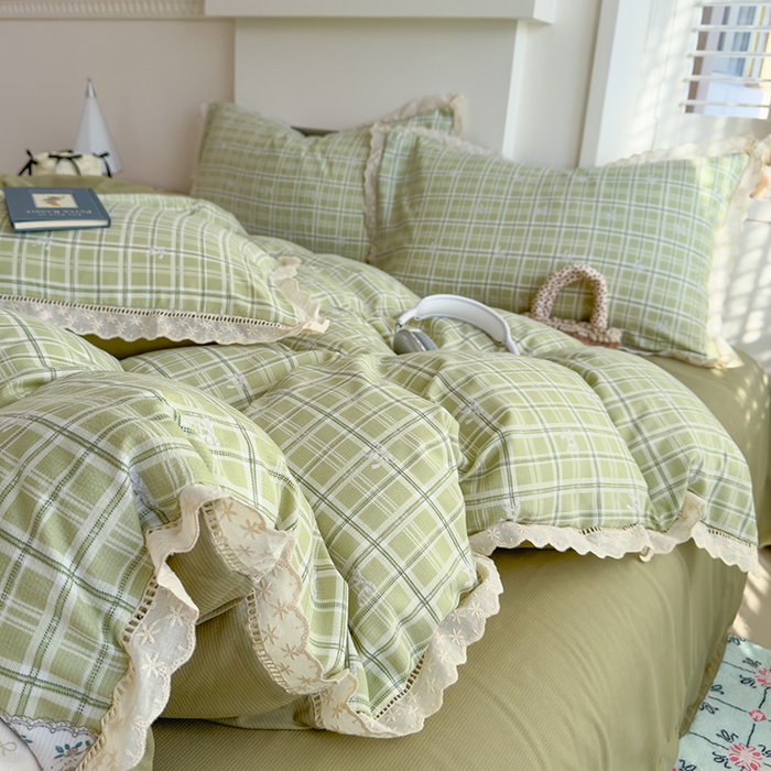 91家纺网 家纺一手货源 找家纺 竹合家纺 2025新款春日碎花法式镂空花边款式提花皱皱四件套 法式-结美绿