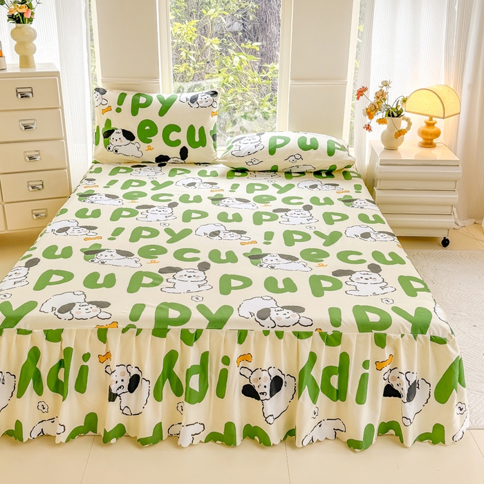 91家纺网 家纺一手货源 找家纺 莎臣豹 2025新款植物羊绒单品单件单床裙可配床裙三件套 快乐萌犬