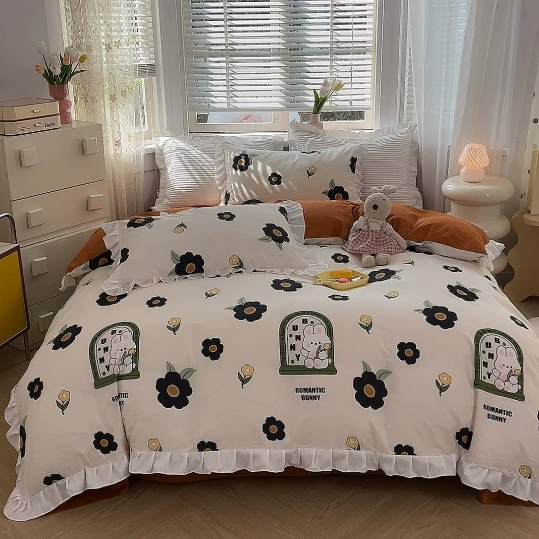 91家纺网 家纺一手货源 找家纺 2025新款公主风四件套全棉纯棉白花边被套床单款式三件套 邦尼兔