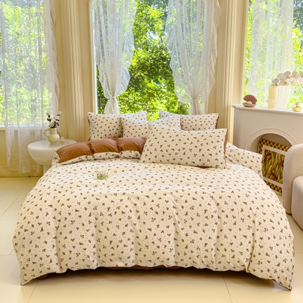 仟网汇 2025新款亲肤舒适提花小竺棉彩竹棉彩竺棉系列四件套 彩竺棉-浅汐-咖色