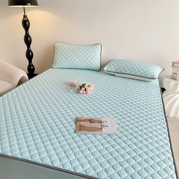 91家纺网 家纺一手货源 找家纺 欧邦2025新款纯色加厚乳胶床笠三件套 方格-湖蓝