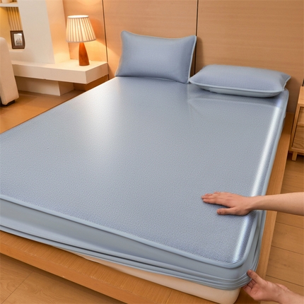 91家纺网 家纺一手货源 找家纺 （总）2025夏季新品纯色冰藤床笠三件套凉感冰丝床笠席子单件床罩