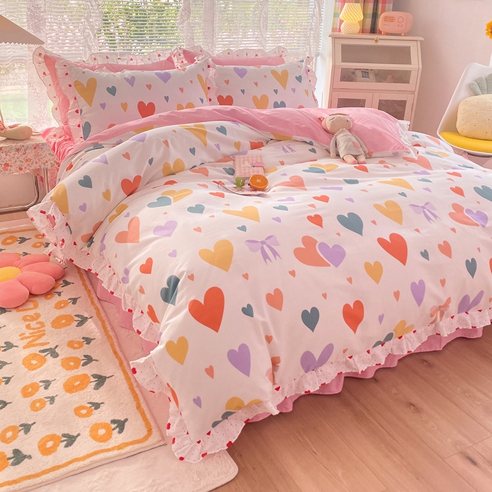 91家纺网 家纺一手货源 找家纺 2025新款公主风四件套全棉纯棉白花边被套床单款式三件套 满心喜悦