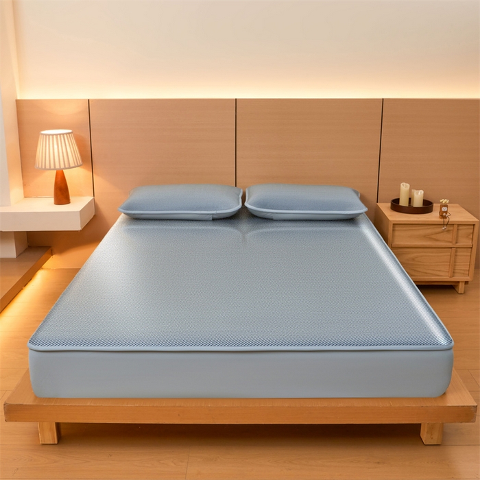 91家纺网 家纺一手货源 找家纺 2025夏季新品纯色冰藤床笠三件套凉感冰丝床笠席子单件床罩 冰藤床笠-暮云蓝