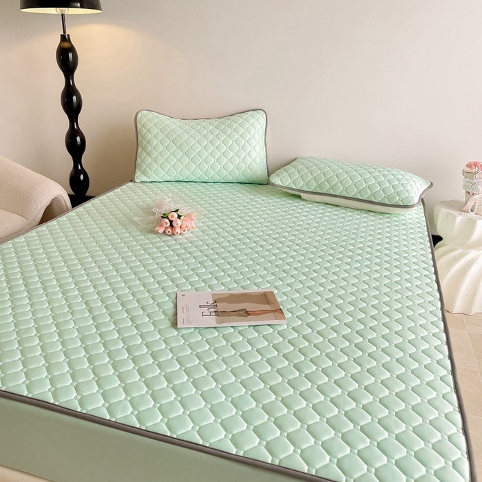 91家纺网 家纺一手货源 找家纺 欧邦2025新款纯色加厚乳胶床笠三件套 方格-水绿