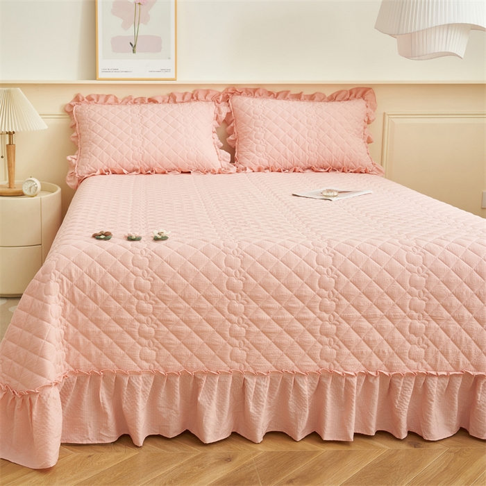 91家纺网 家纺一手货源 找家纺 恒爱家纺 2025新款A类泡泡纱床盖-杜鹃 浅豆沙