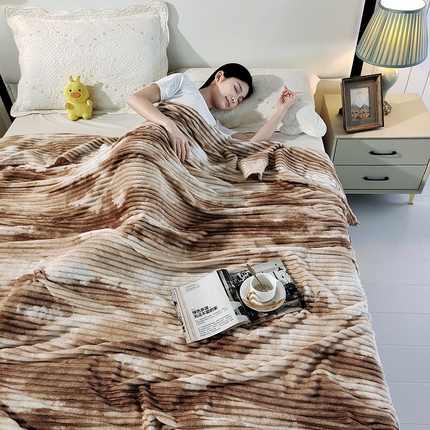 巴木赫2025新款200g水墨印染抽条毛毯毯子 浅咖