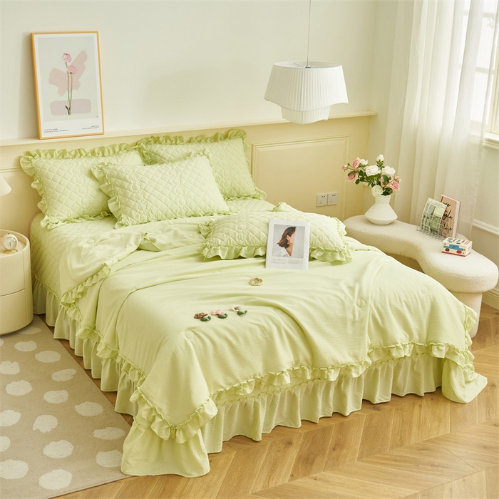 91家纺网 家纺一手货源 找家纺 恒爱家纺 2025新款A类泡泡纱床盖-杜鹃 芥末绿