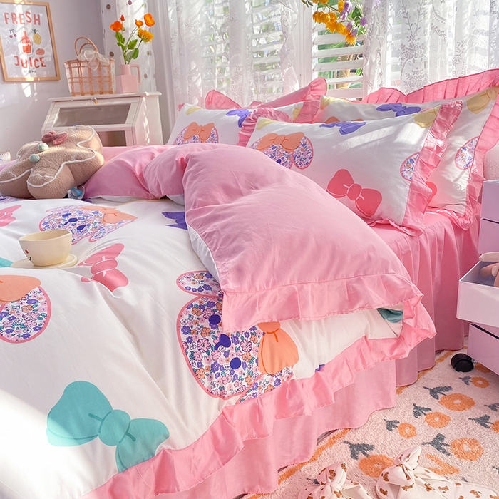 91家纺网 家纺一手货源 找家纺 2025新款公主风四件套全棉纯棉白花边被套床单款式三件套 蝴蝶结