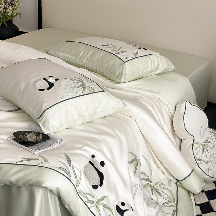 91家纺网 家纺一手货源 找家纺 MIU缪家居 2025新款60支兰精天丝四件套-熊猫与竹 熊猫与竹-爽白