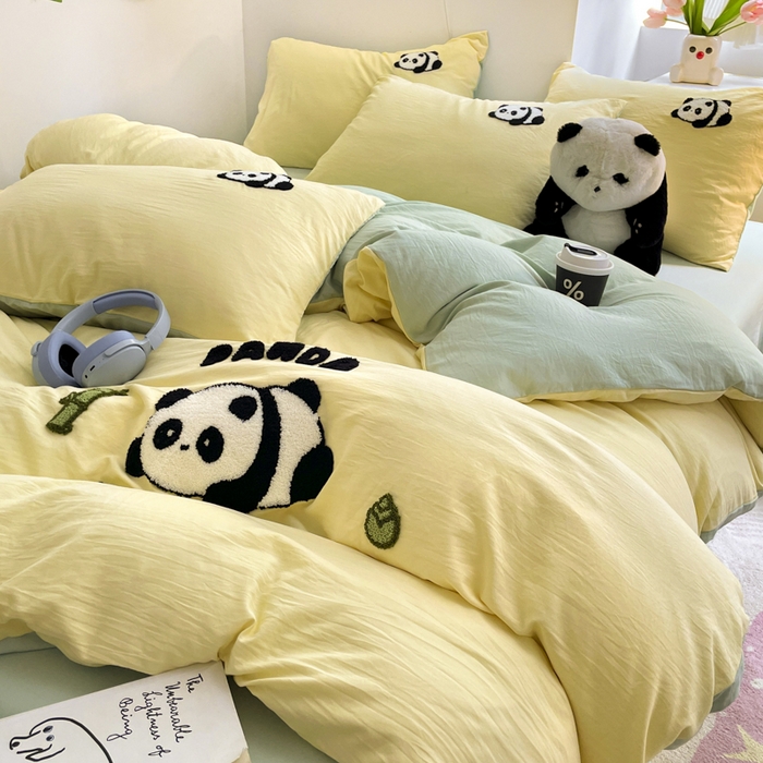 91家纺网 家纺一手货源 找家纺 优卡迪家纺馆 2025新款水洗棉毛巾绣四件套（下载文件夹包含买家秀） 淘气熊猫-黄