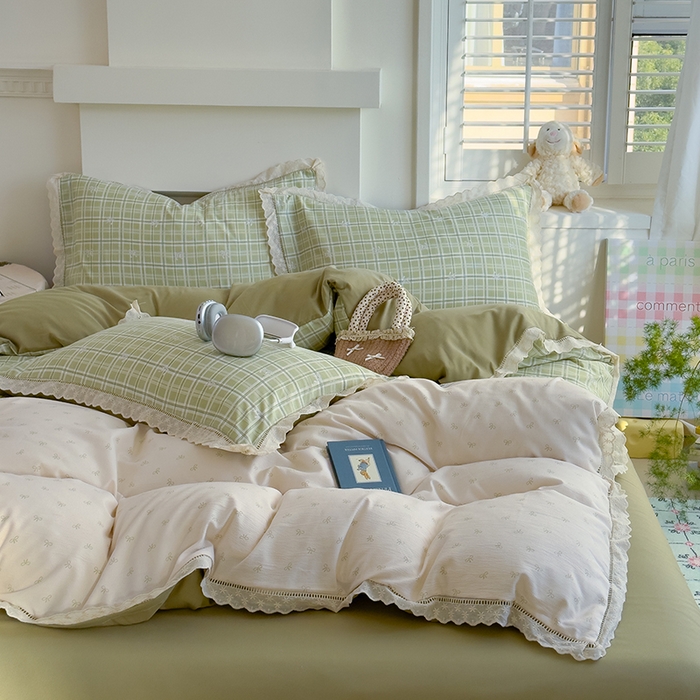 91家纺网 家纺一手货源 找家纺 竹合家纺 2025新款春日碎花法式镂空花边款式提花皱皱四件套 法式-结美绿