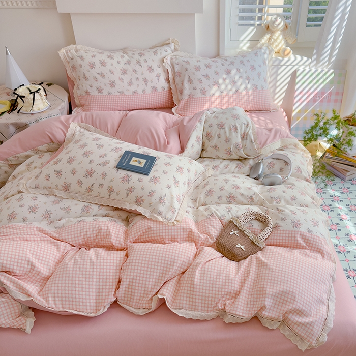 91家纺网 家纺一手货源 找家纺 竹合家纺 2025新款春日碎花法式镂空花边款式提花皱皱四件套 法式-粉格花园