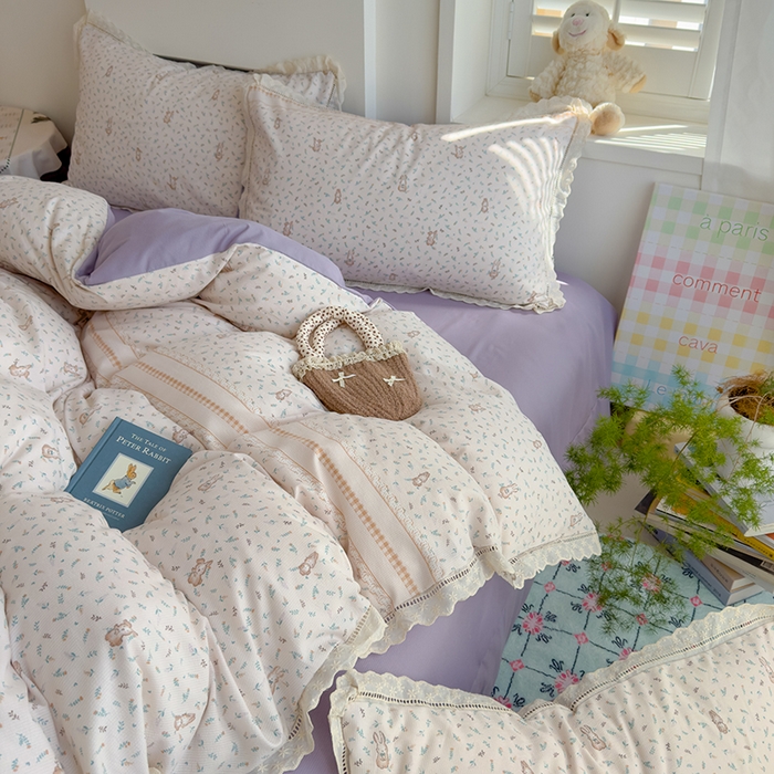 91家纺网 家纺一手货源 找家纺 竹合家纺 2025新款春日碎花法式镂空花边款式提花皱皱四件套 法式-乖乖兔