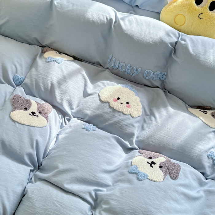 91家纺网 家纺一手货源 找家纺 优卡迪家纺馆 2025新款水洗棉毛巾绣四件套（下载文件夹包含买家秀） 萌萌狗-月光蓝