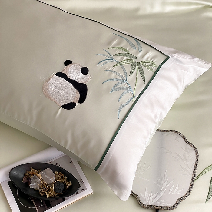 91家纺网 家纺一手货源 找家纺 MIU缪家居 2025新款60支兰精天丝四件套-熊猫与竹 熊猫与竹-清绿