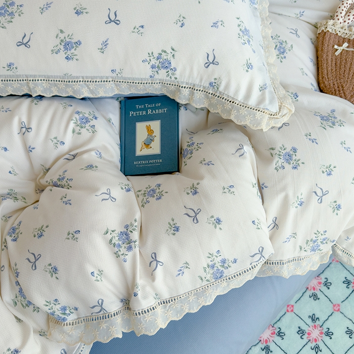 91家纺网 家纺一手货源 找家纺 竹合家纺 2025新款春日碎花法式镂空花边款式提花皱皱四件套 法式-晨曦