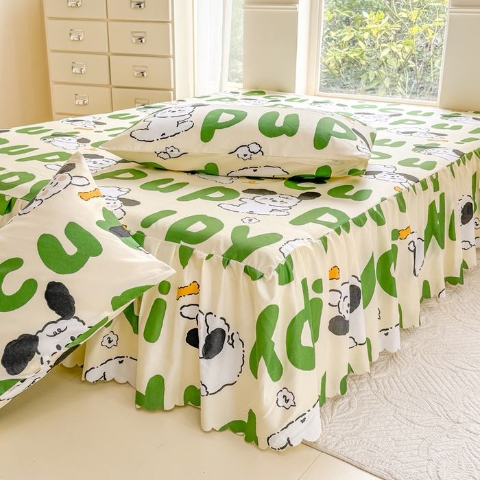 91家纺网 家纺一手货源 找家纺 莎臣豹 2025新款植物羊绒单品单件单床裙可配床裙三件套 快乐萌犬