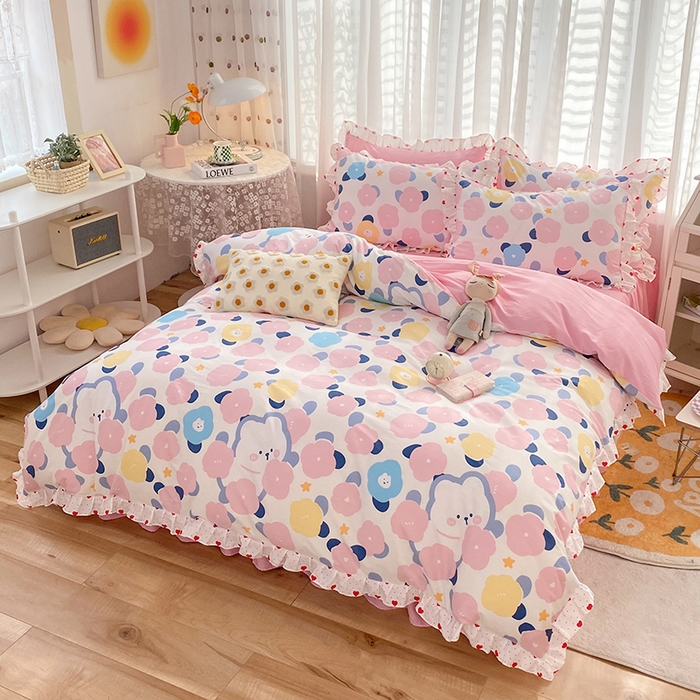 91家纺网 家纺一手货源 找家纺 2025新款公主风四件套全棉纯棉白花边被套床单款式三件套 小红花