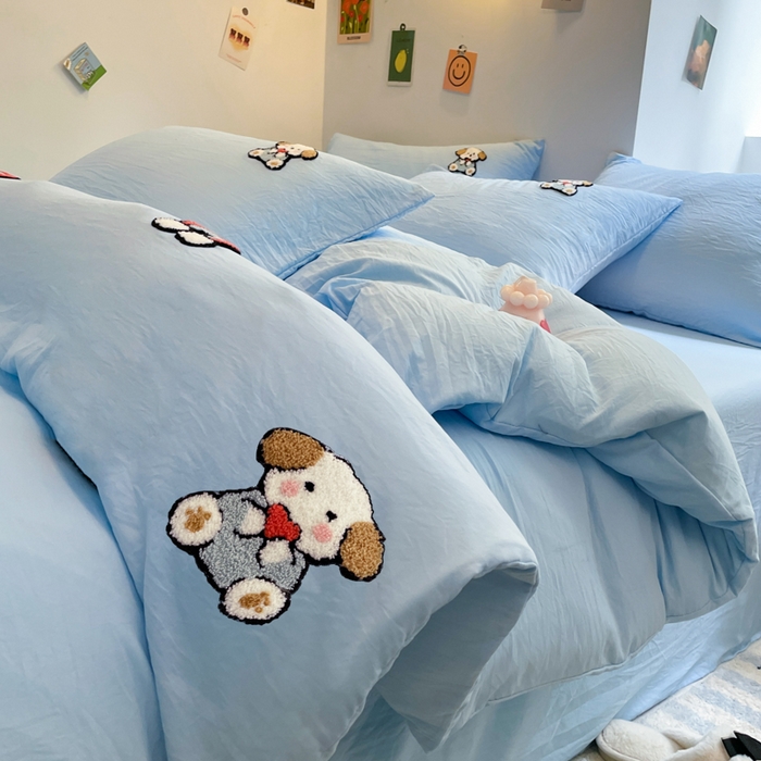 91家纺网 家纺一手货源 找家纺 优卡迪家纺馆 2025新款水洗棉毛巾绣四件套（下载文件夹包含买家秀） 彩虹狗-天蓝