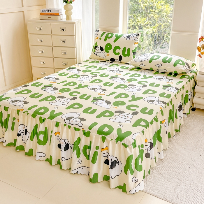 91家纺网 家纺一手货源 找家纺 莎臣豹 2025新款植物羊绒单品单件单床裙可配床裙三件套 快乐萌犬