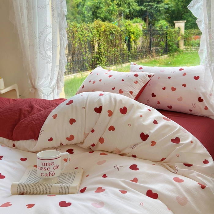 91家纺网 家纺一手货源 找家纺 仟网汇 2025新款亲肤舒适提花小竺棉彩竹棉彩竺棉系列四件套 彩竺棉-红爱心